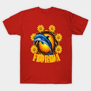 Florida Wildflowers And Cartoon Of A Porpoise or Dolphin T-Shirt